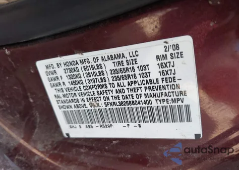 2008 Honda Odyssey Lx из США, поврежденный, VIN 5FNRL38268B041400